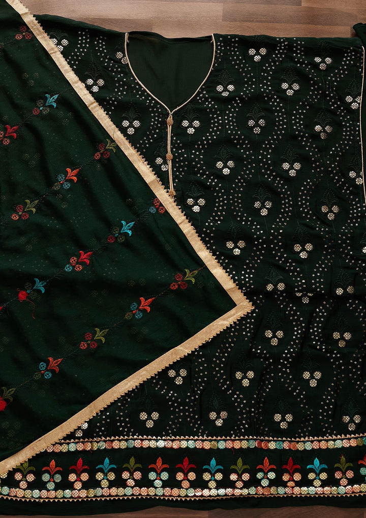 Bottle Green Swarovski Georgette Designer Unstitched Salwar Suit - Koskii