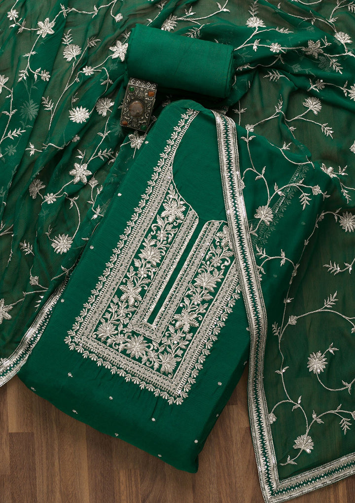 Bottle Green Swarovski Georgette Unstitched Salwar Suit-Koskii