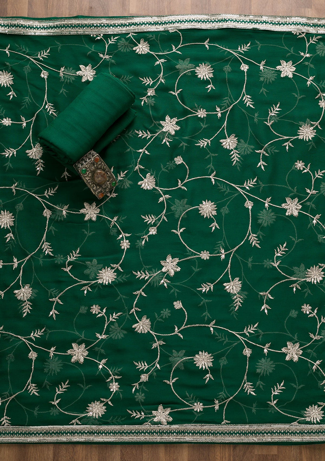 Bottle Green Swarovski Georgette Unstitched Salwar Suit-Koskii