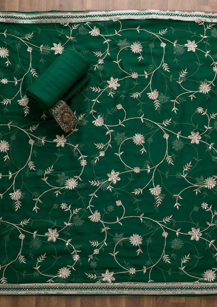 Bottle Green Swarovski Georgette Unstitched Salwar Suit-Koskii