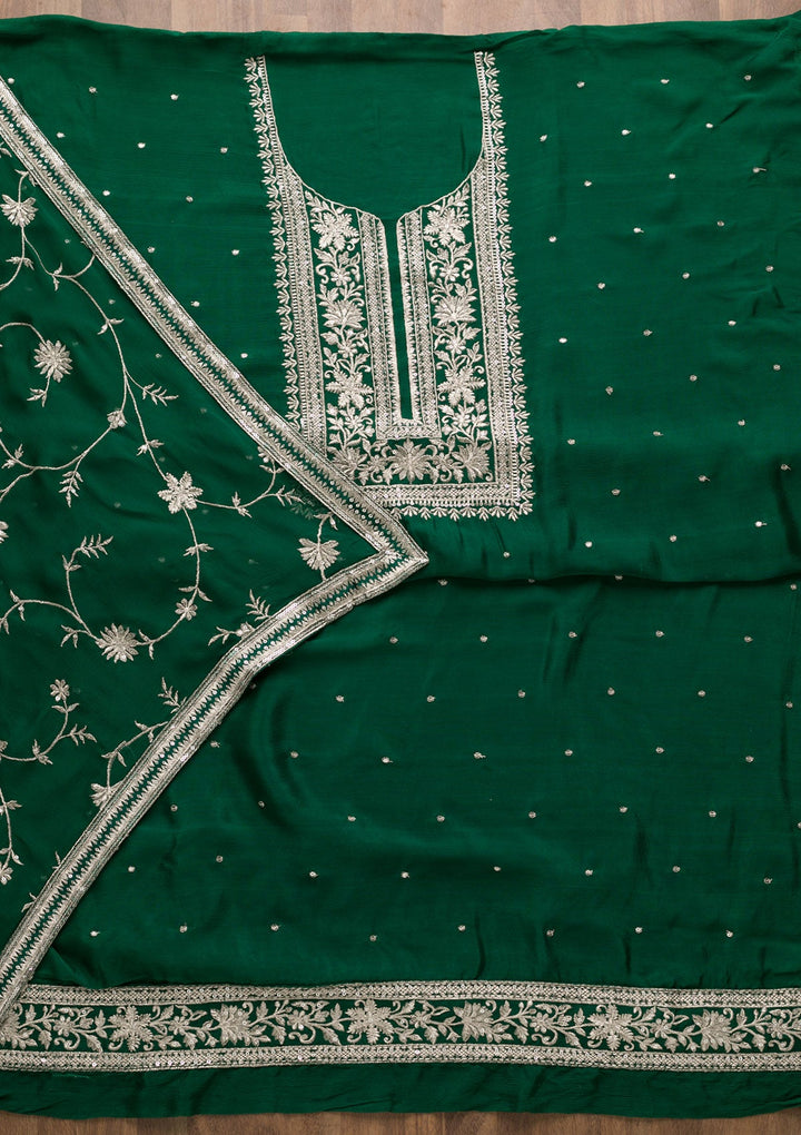 Bottle Green Swarovski Georgette Unstitched Salwar Suit-Koskii
