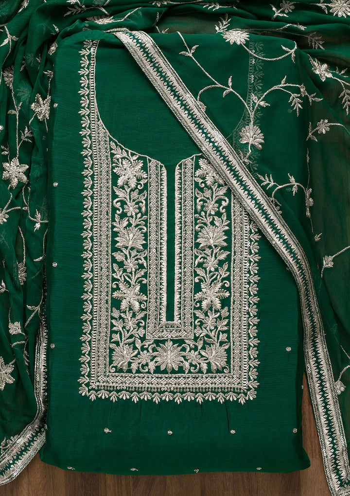Bottle Green Swarovski Georgette Unstitched Salwar Suit-Koskii