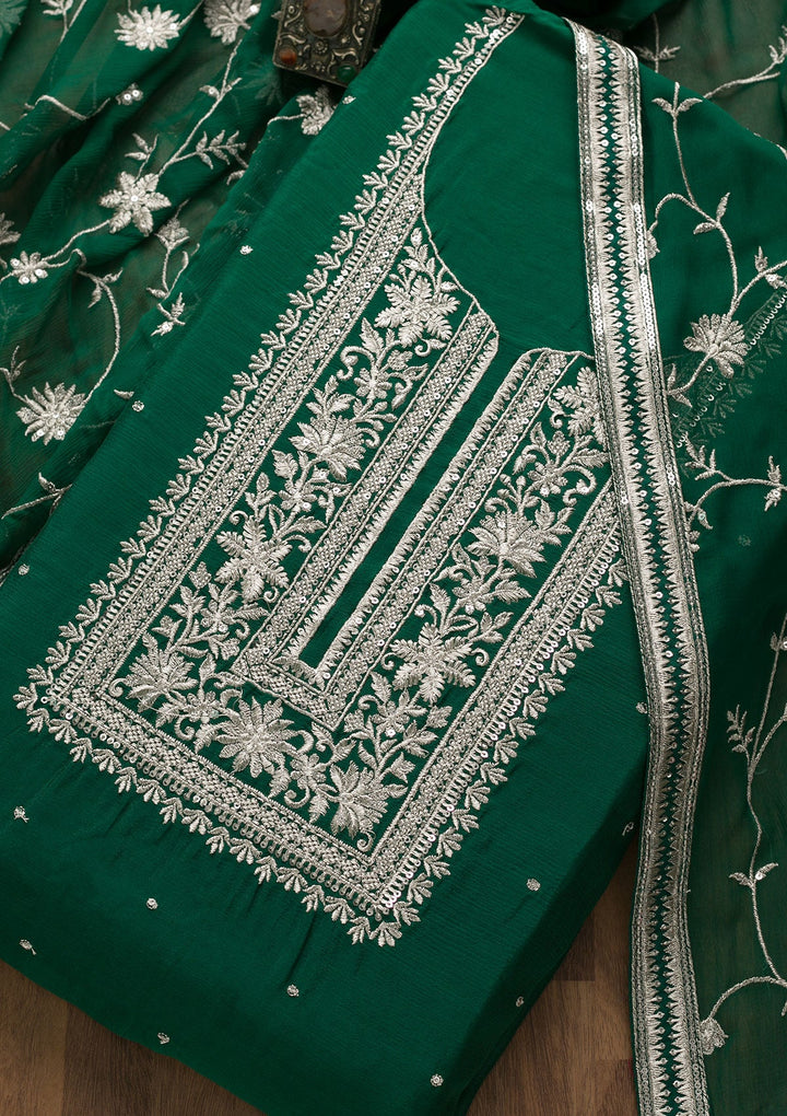 Bottle Green Swarovski Georgette Unstitched Salwar Suit-Koskii