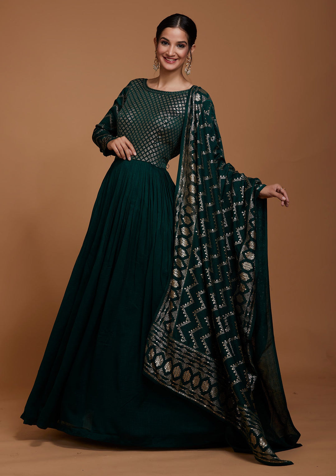 Bottle Green Swarovski Raw Silk Salwar Suit-Koskii