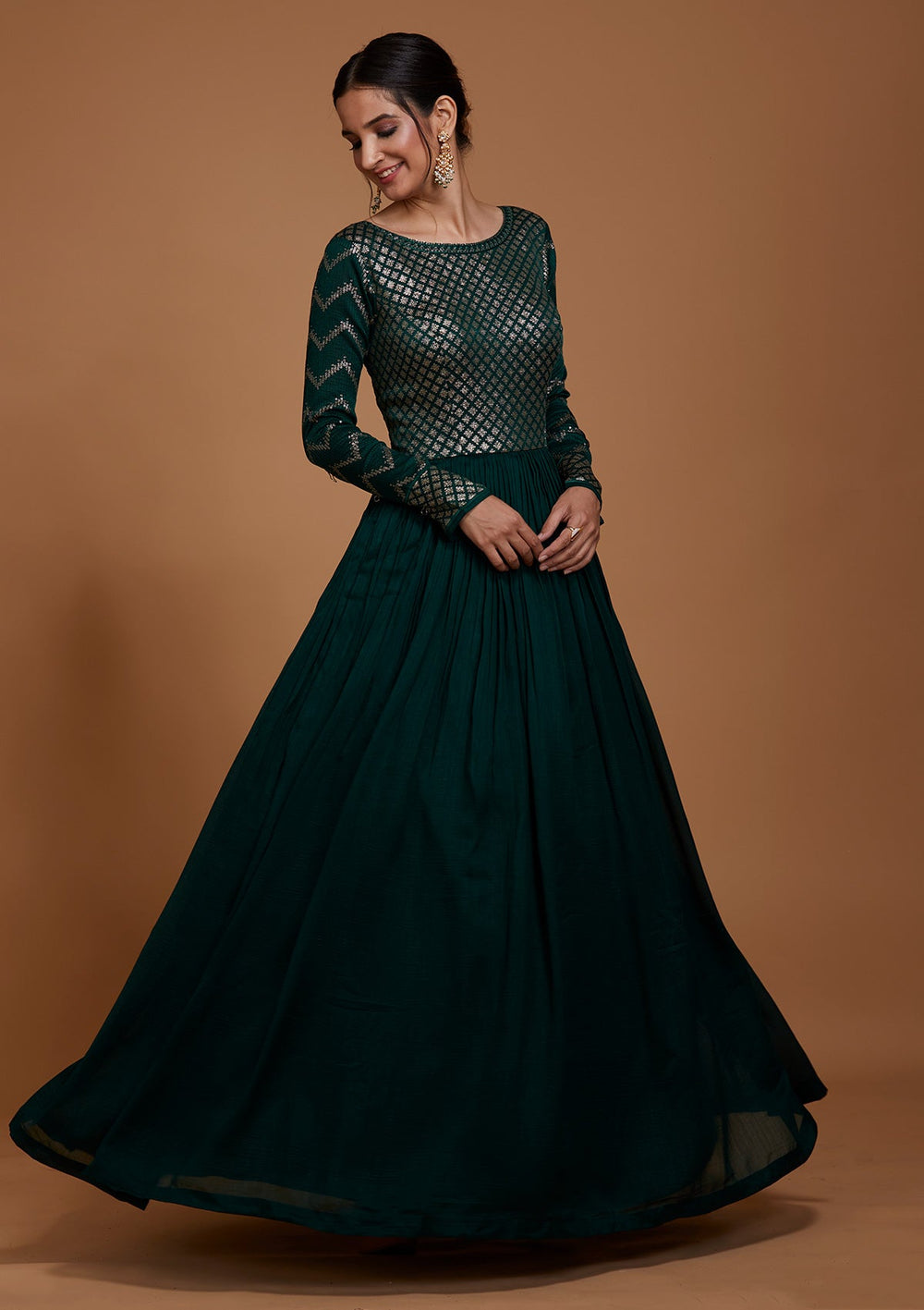Bottle Green Swarovski Raw Silk Salwar Suit-Koskii