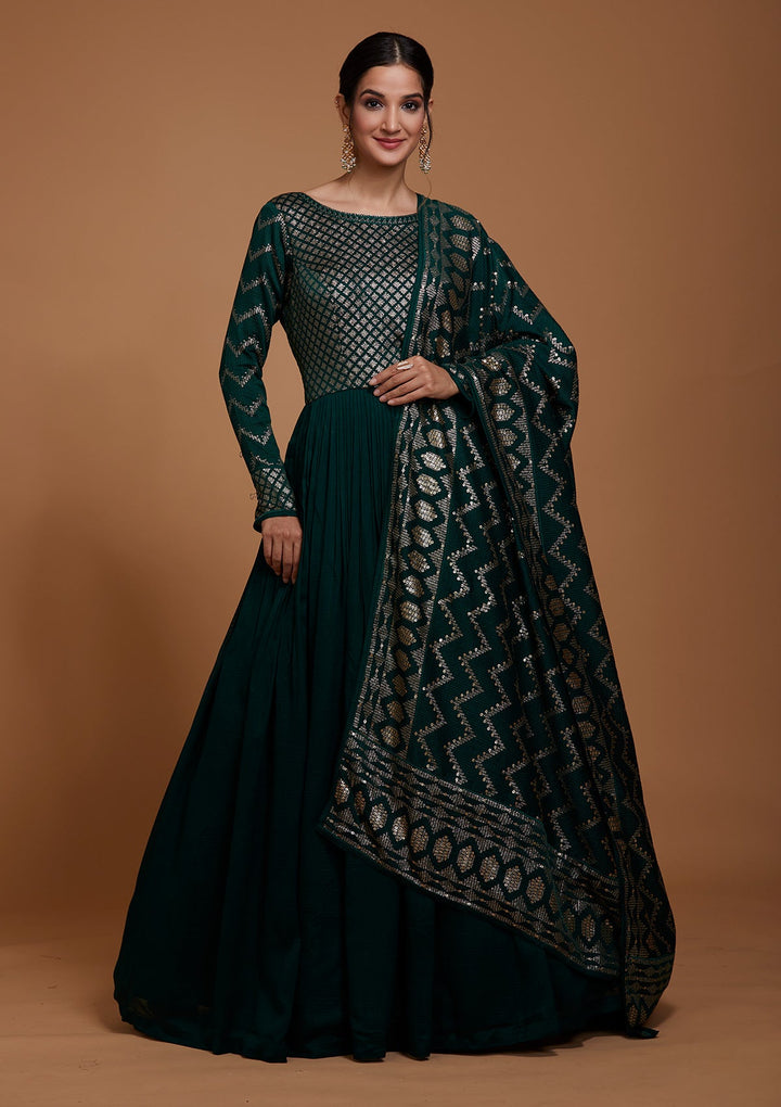 Bottle Green Swarovski Raw Silk Salwar Suit-Koskii