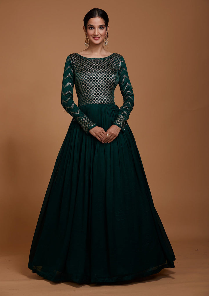 Bottle Green Swarovski Raw Silk Salwar Suit-Koskii