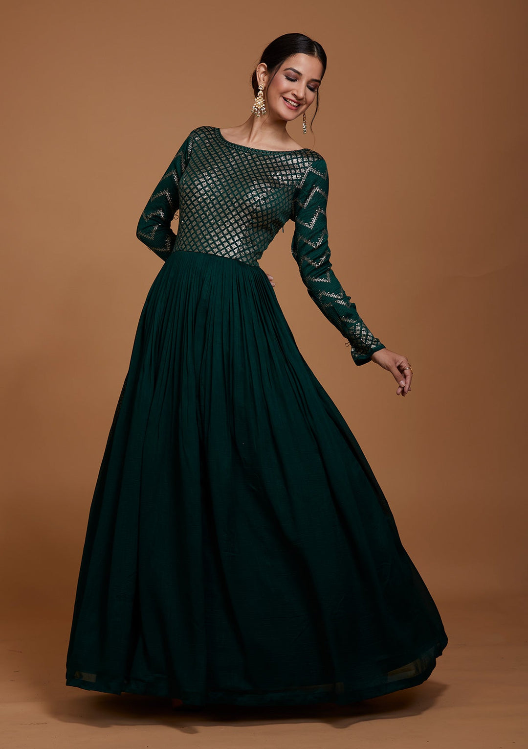 Bottle Green Swarovski Raw Silk Salwar Suit-Koskii