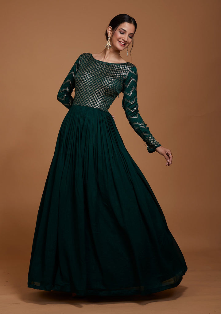 Bottle Green Swarovski Raw Silk Salwar Suit-Koskii