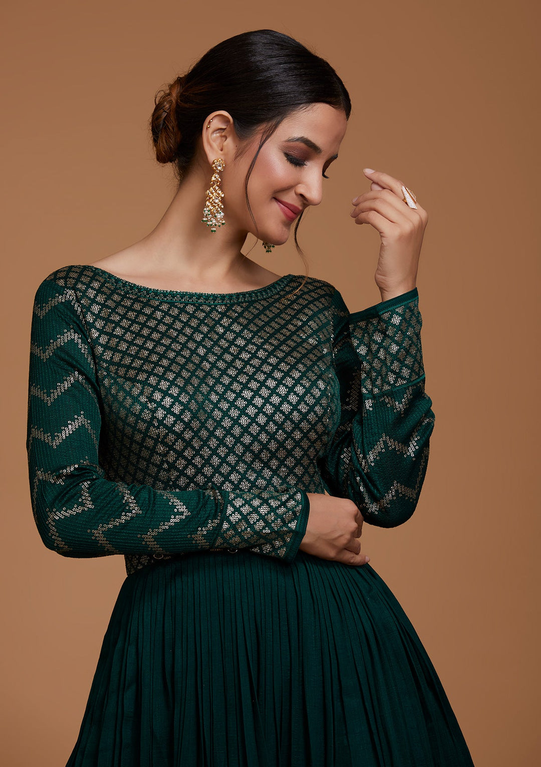 Bottle Green Swarovski Raw Silk Salwar Suit-Koskii