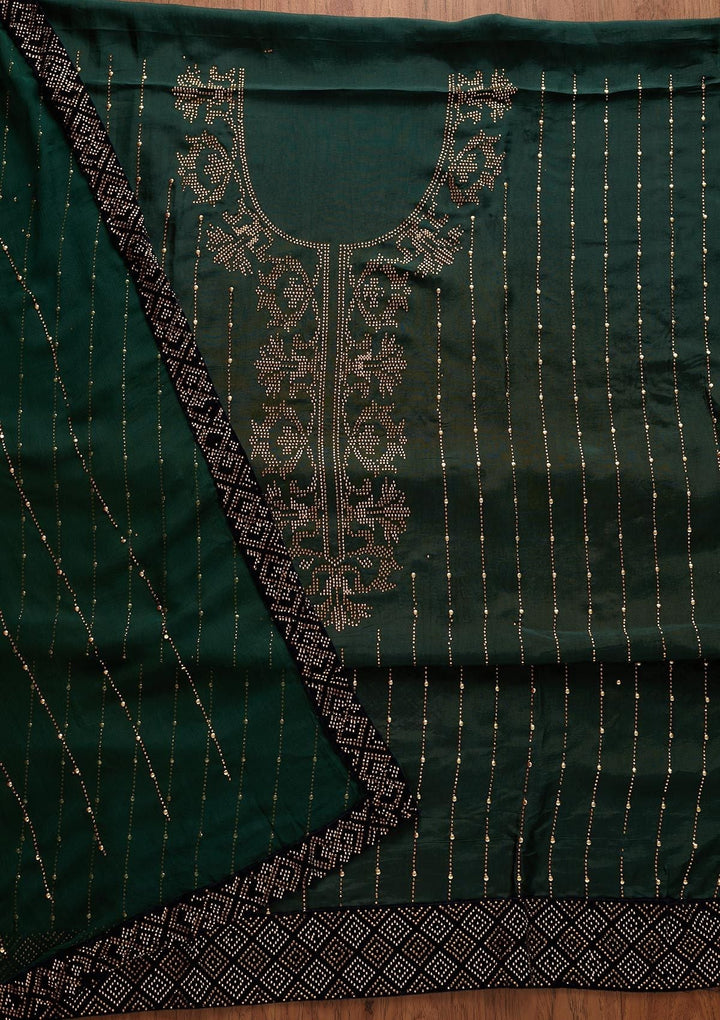Bottle Green Swarovski Semi Crepe Designer Unstitched Salwar Suit - koskii