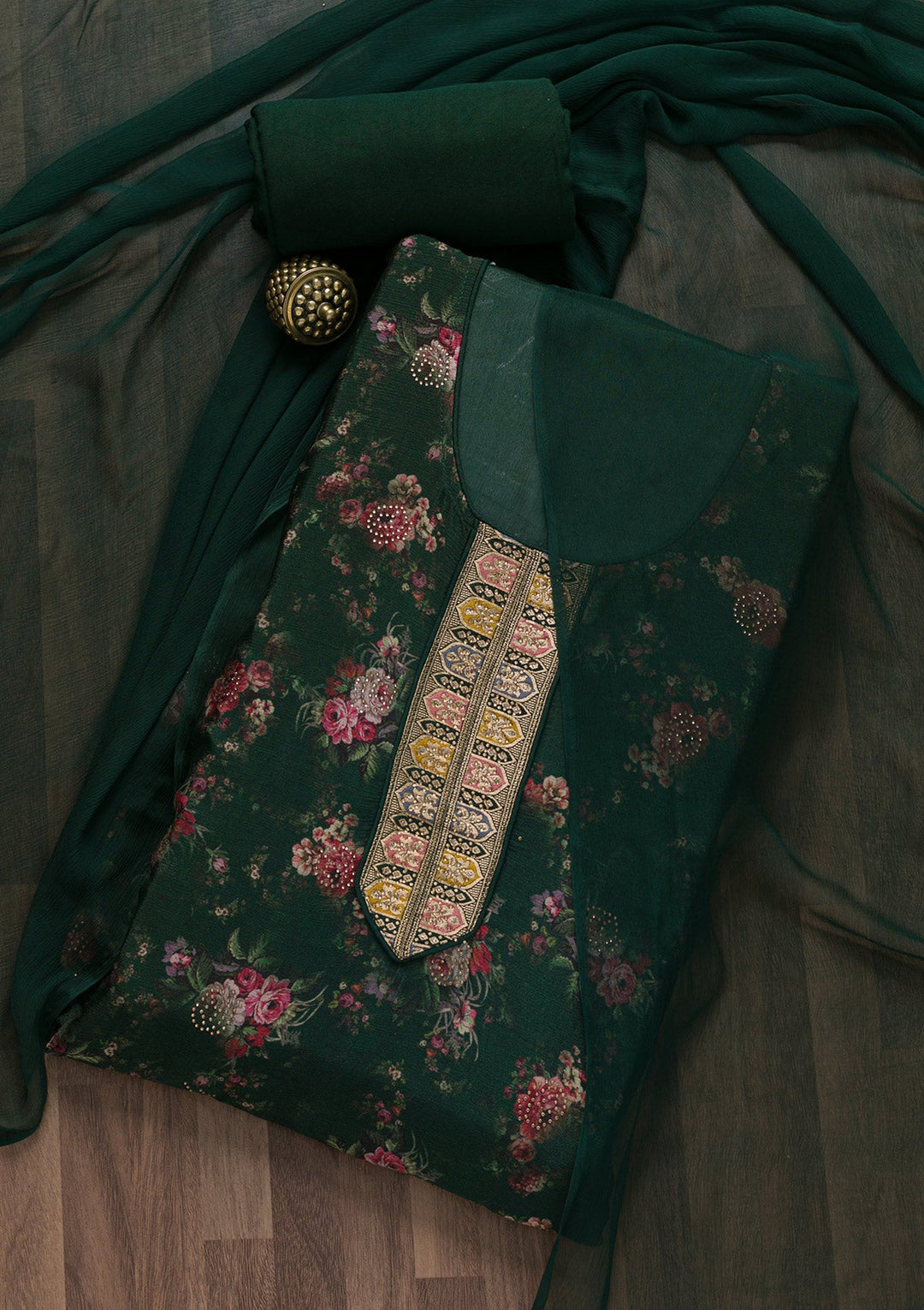 Bottle Green Semi Crepe Swarovski Unstitched Salwar Suit-koskii