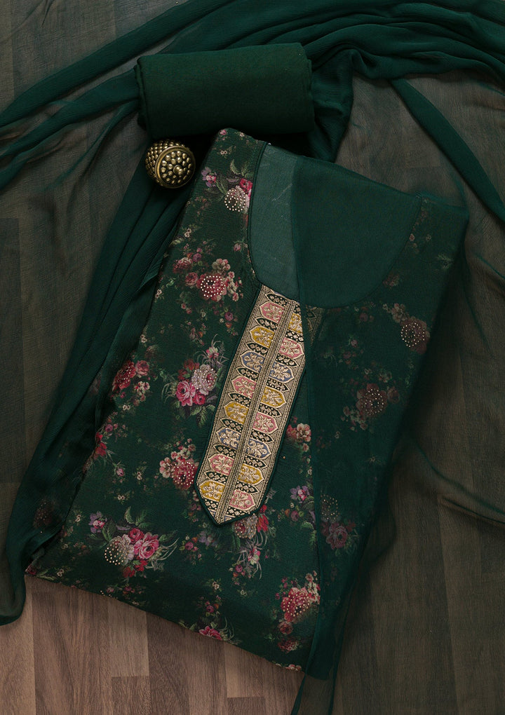 Bottle Green Semi Crepe Swarovski Unstitched Salwar Suit-koskii