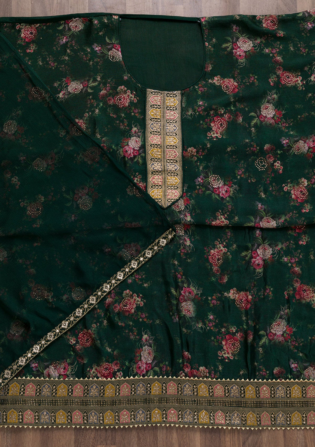 Bottle Green Semi Crepe Swarovski Unstitched Salwar Suit-koskii