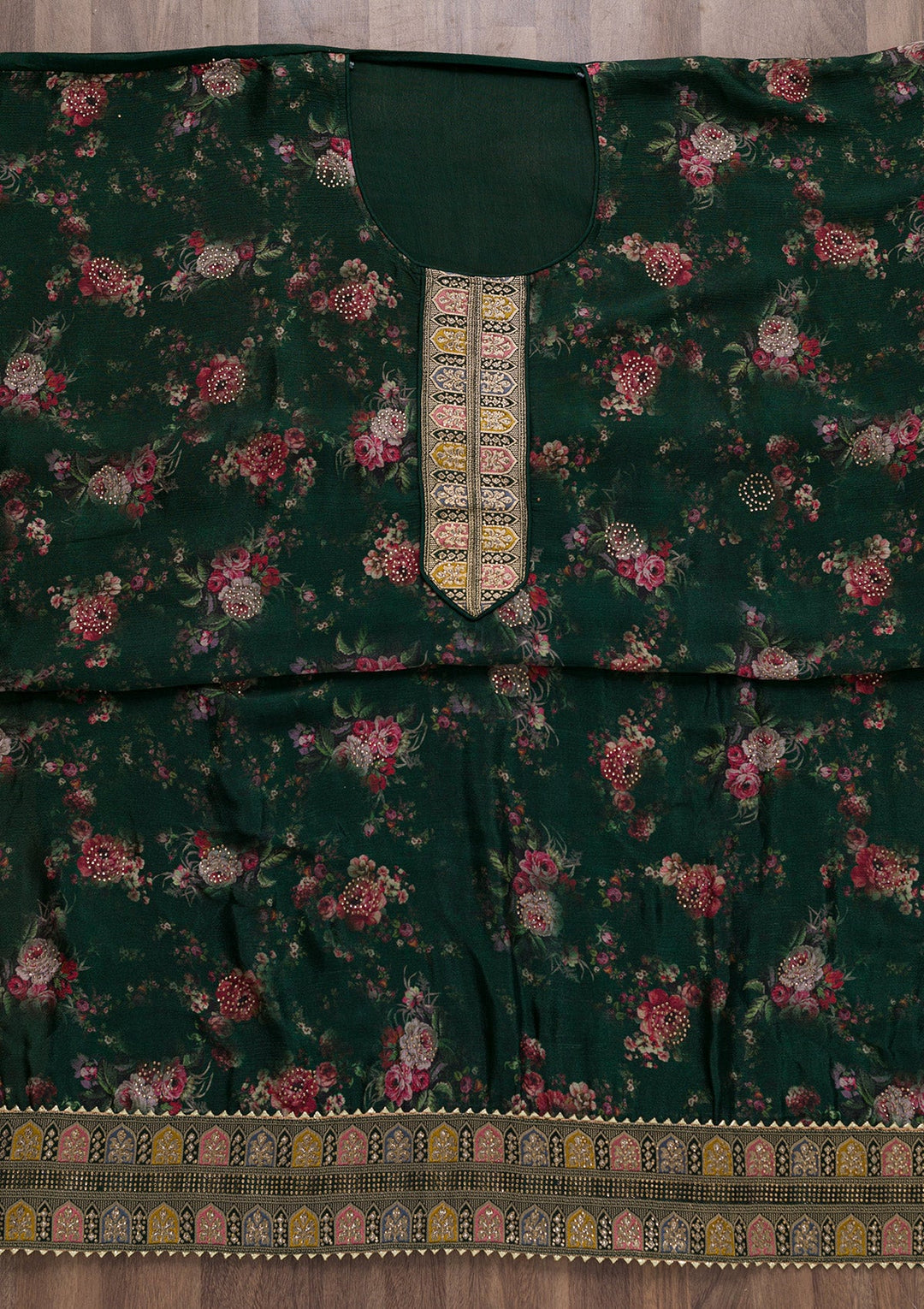 Bottle Green Semi Crepe Swarovski Unstitched Salwar Suit-koskii