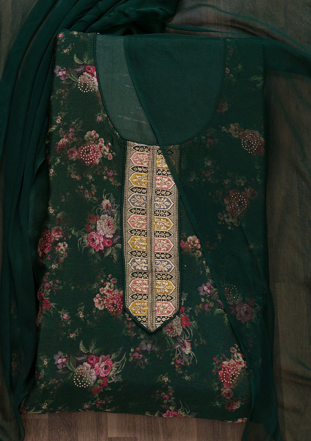 Bottle Green Semi Crepe Swarovski Unstitched Salwar Suit-koskii