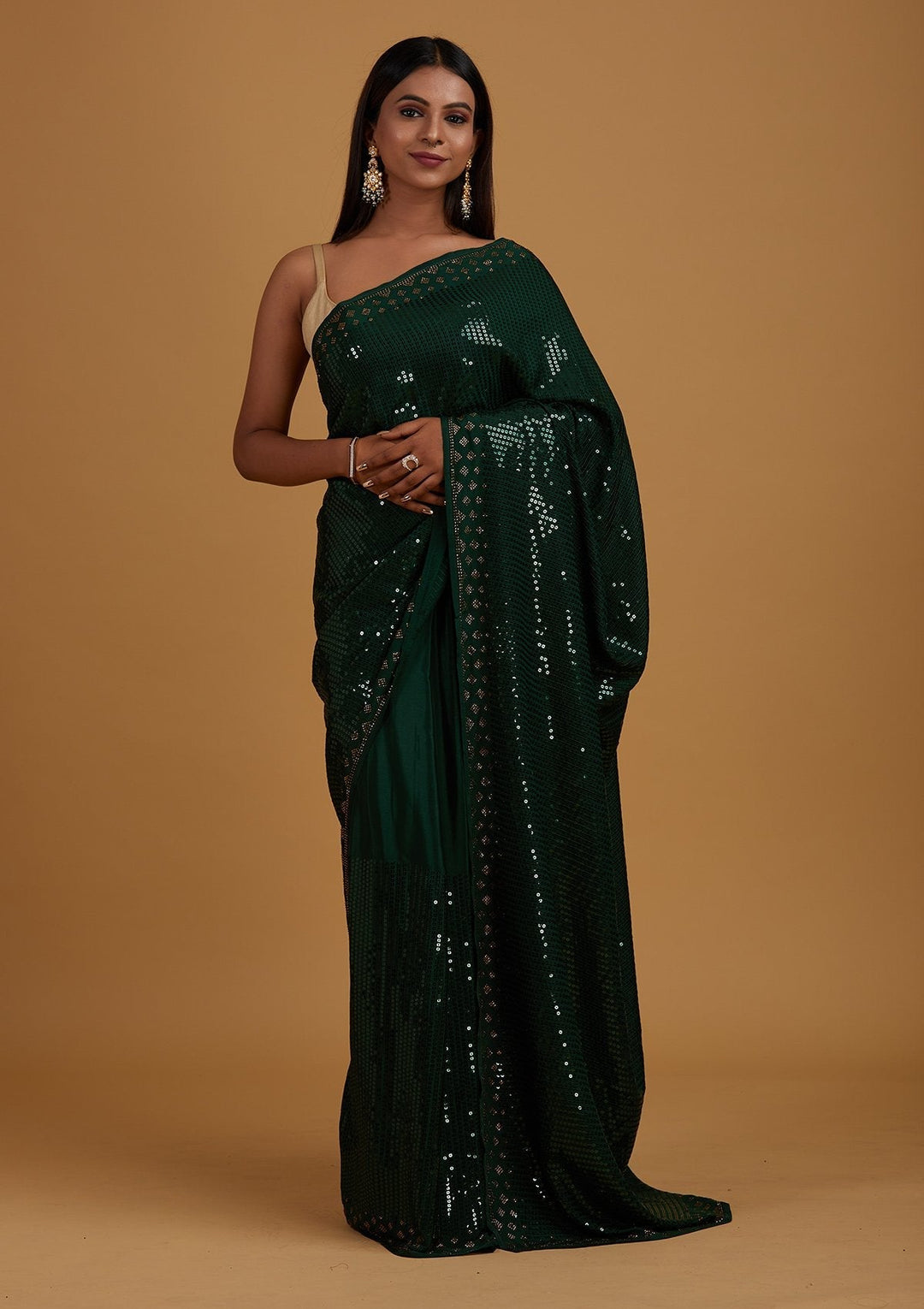 Bottle Green Swarovski Semi Crepe Designer Saree - Koskii
