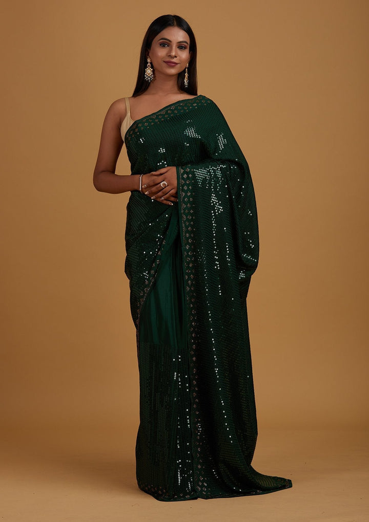 Bottle Green Swarovski Semi Crepe Designer Saree - Koskii