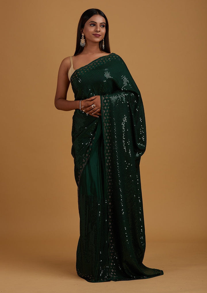 Bottle Green Swarovski Semi Crepe Designer Saree - Koskii
