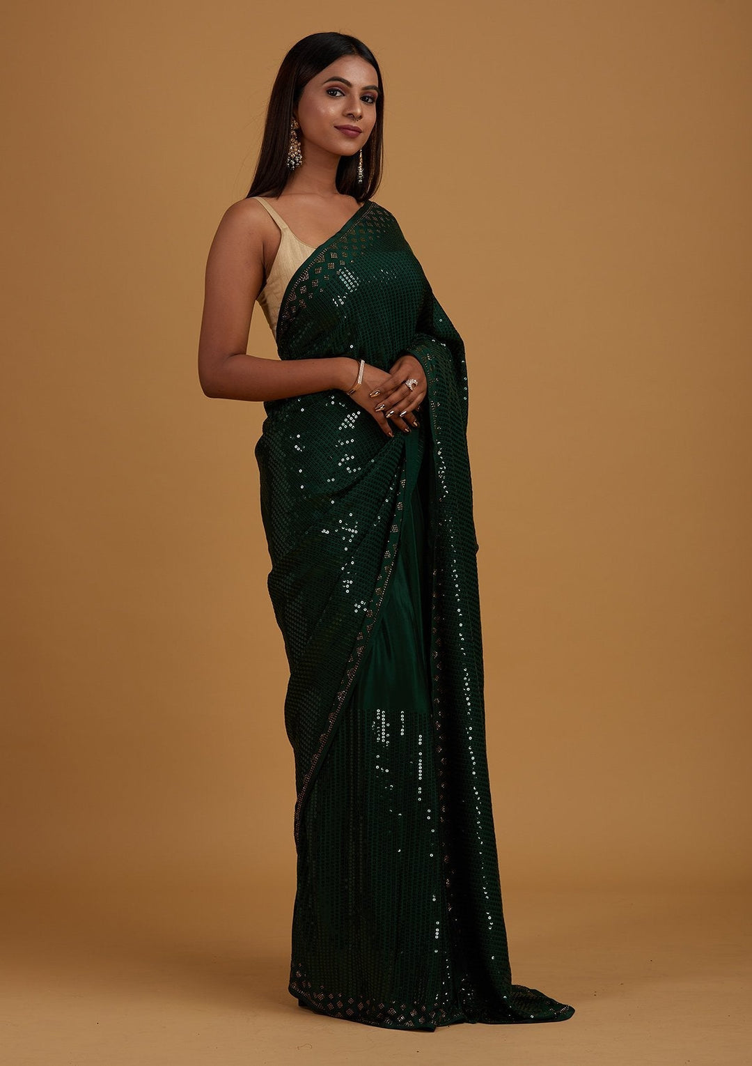 Bottle Green Swarovski Semi Crepe Designer Saree - Koskii