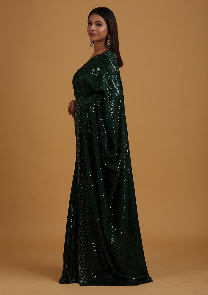 Bottle Green Swarovski Semi Crepe Designer Saree - Koskii