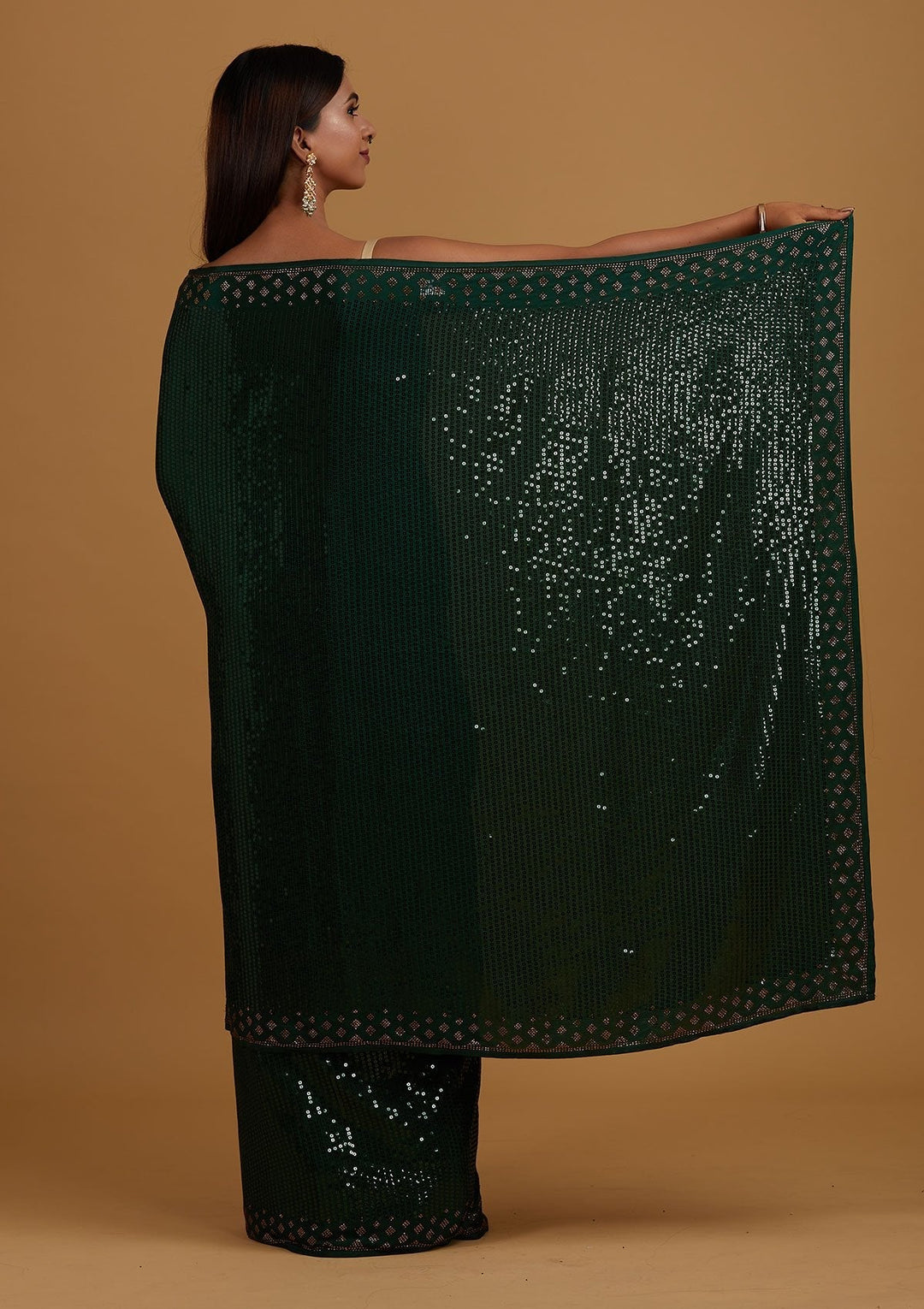 Bottle Green Swarovski Semi Crepe Designer Saree - Koskii