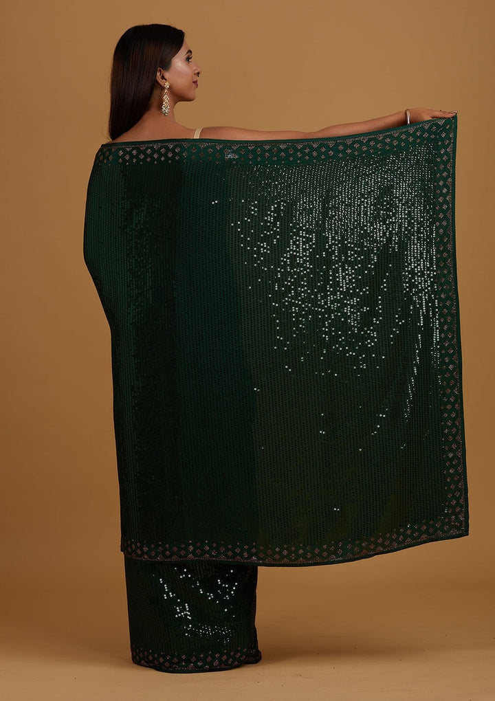 Bottle Green Swarovski Semi Crepe Designer Saree - Koskii