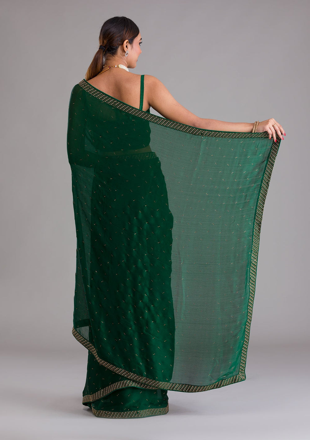 Bottle Green Swarovski Semi Crepe Saree-Koskii
