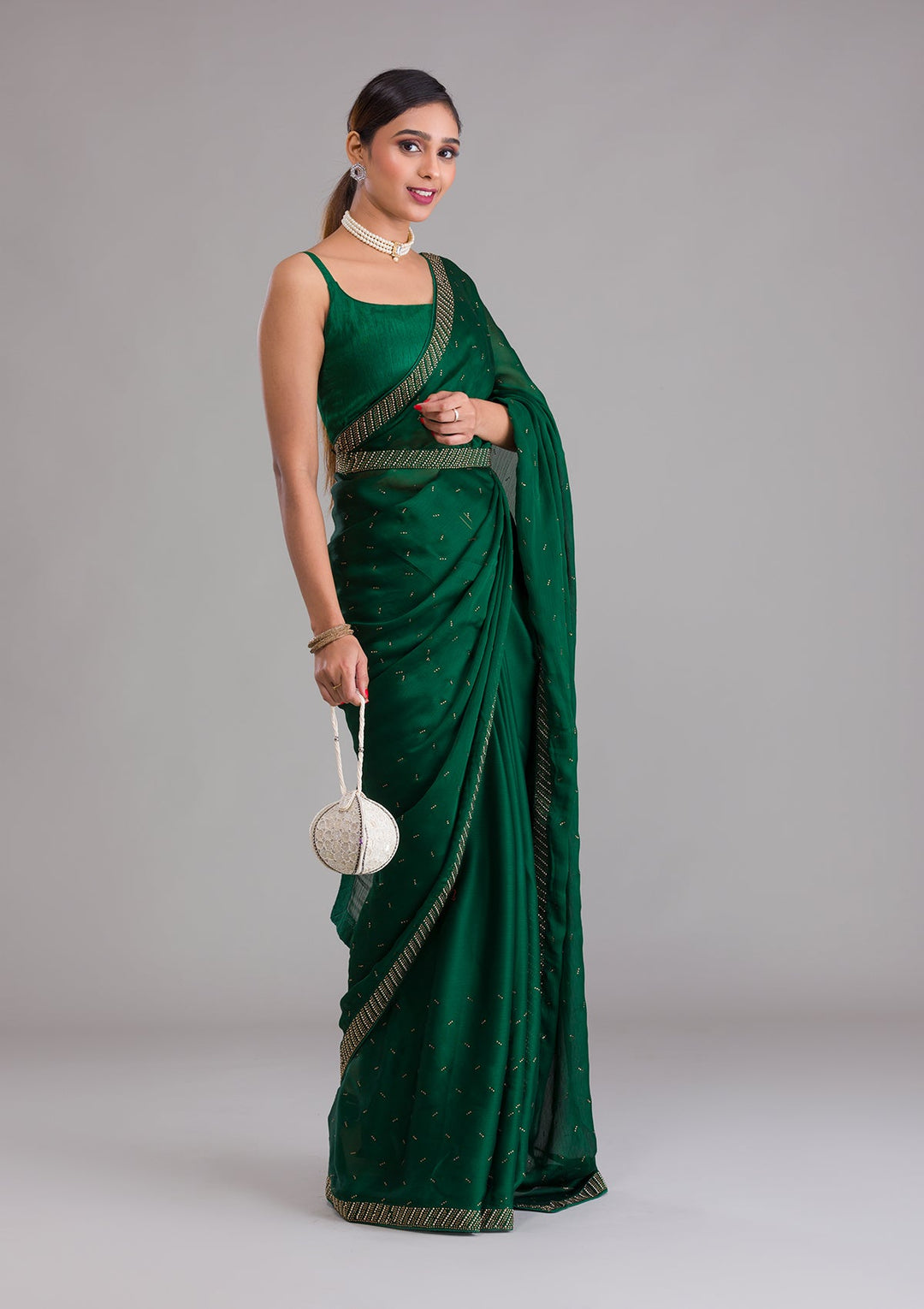 Bottle Green Swarovski Semi Crepe Saree-Koskii