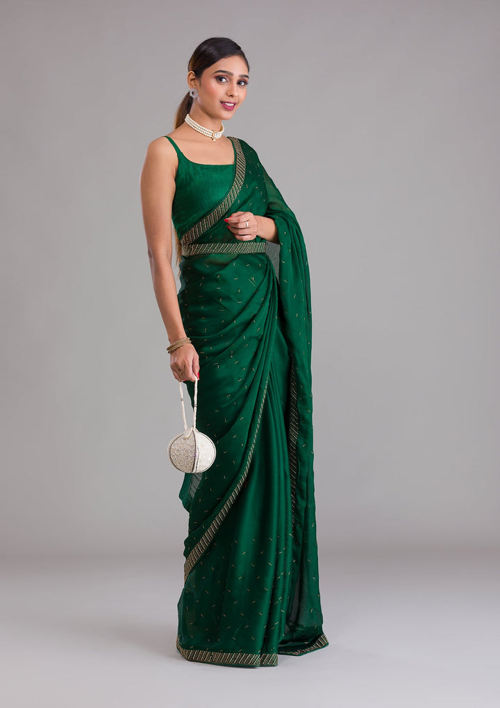Bottle Green Swarovski Semi Crepe Saree-Koskii