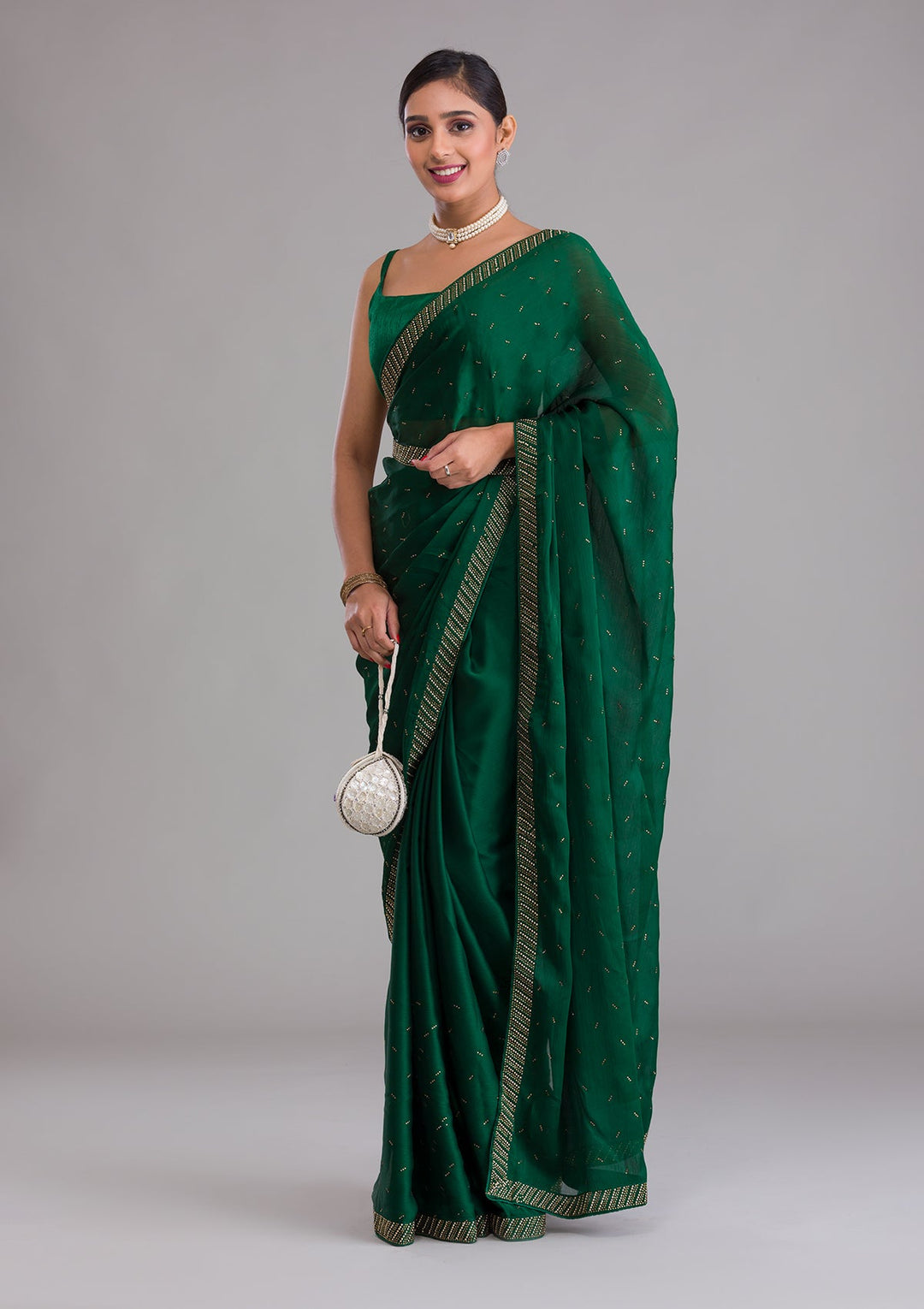 Bottle Green Swarovski Semi Crepe Saree-Koskii