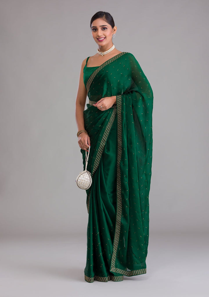 Bottle Green Swarovski Semi Crepe Saree-Koskii