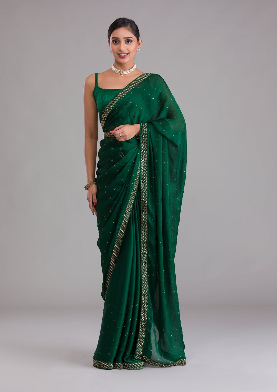 Bottle Green Swarovski Semi Crepe Saree-Koskii
