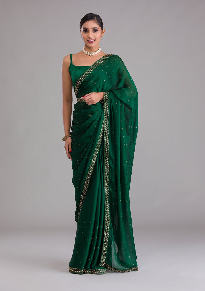 Bottle Green Swarovski Semi Crepe Saree-Koskii