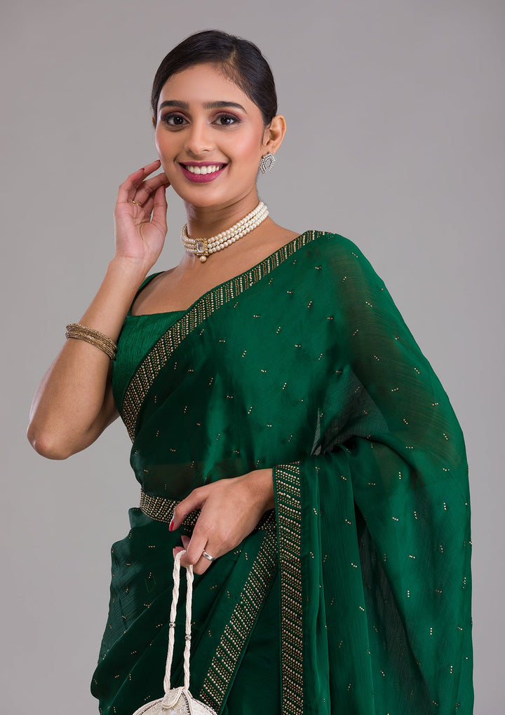 Bottle Green Swarovski Semi Crepe Saree-Koskii