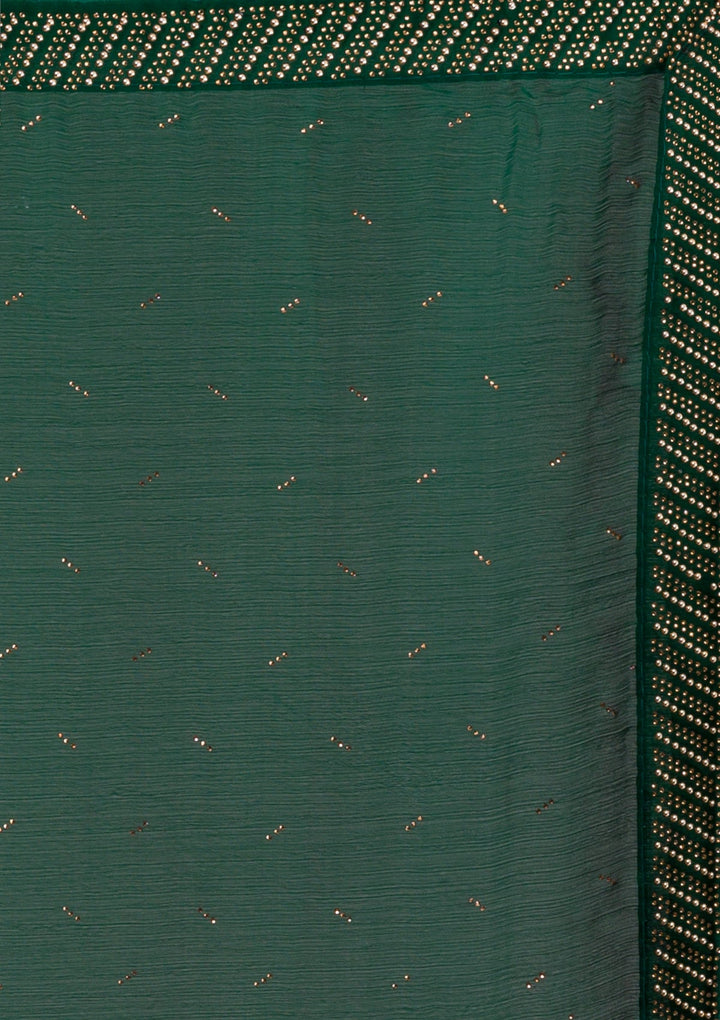 Bottle Green Swarovski Semi Crepe Saree-Koskii