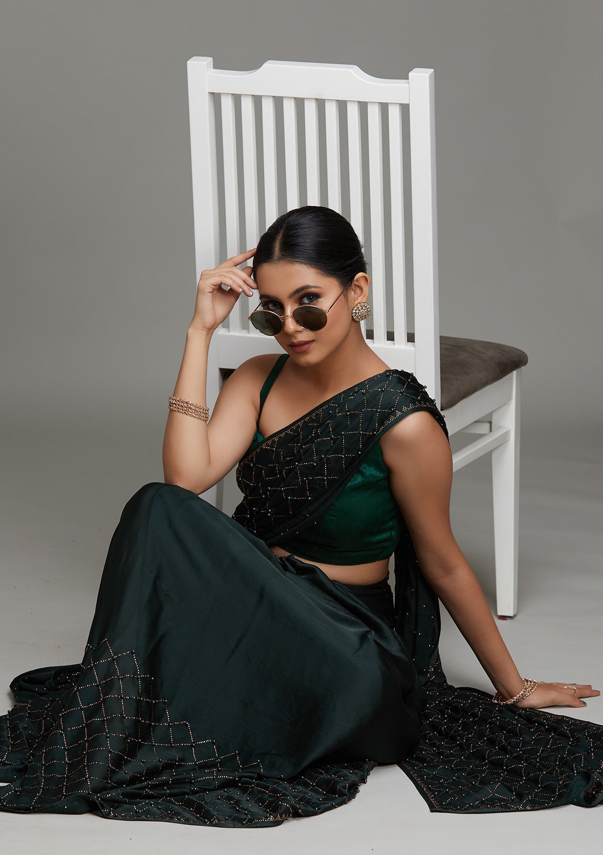 Bottle Green Swarovski Shimmer Saree- Koskii