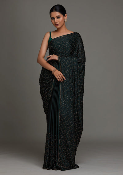 Bottle Green Swarovski Shimmer Saree - Koskii