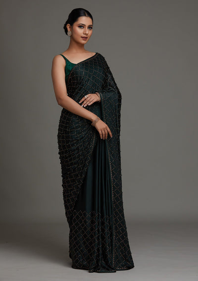 Bottle Green Swarovski Shimmer Saree - Koskii