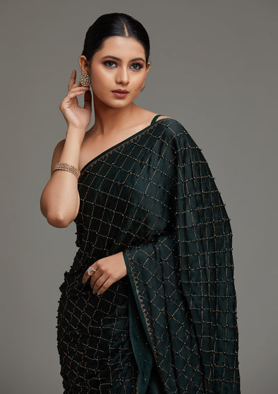 Bottle Green Swarovski Shimmer Saree - Koskii