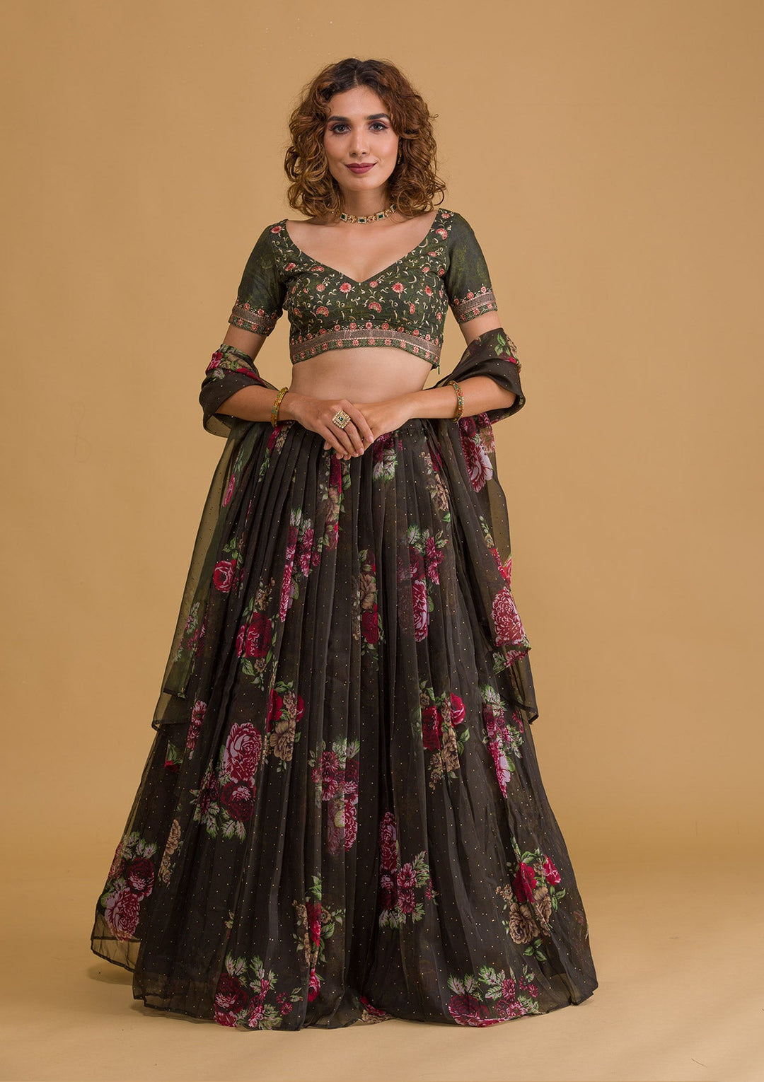 Bottle Green Swarovski Tissue Semi Stitched Lehenga-Koskii