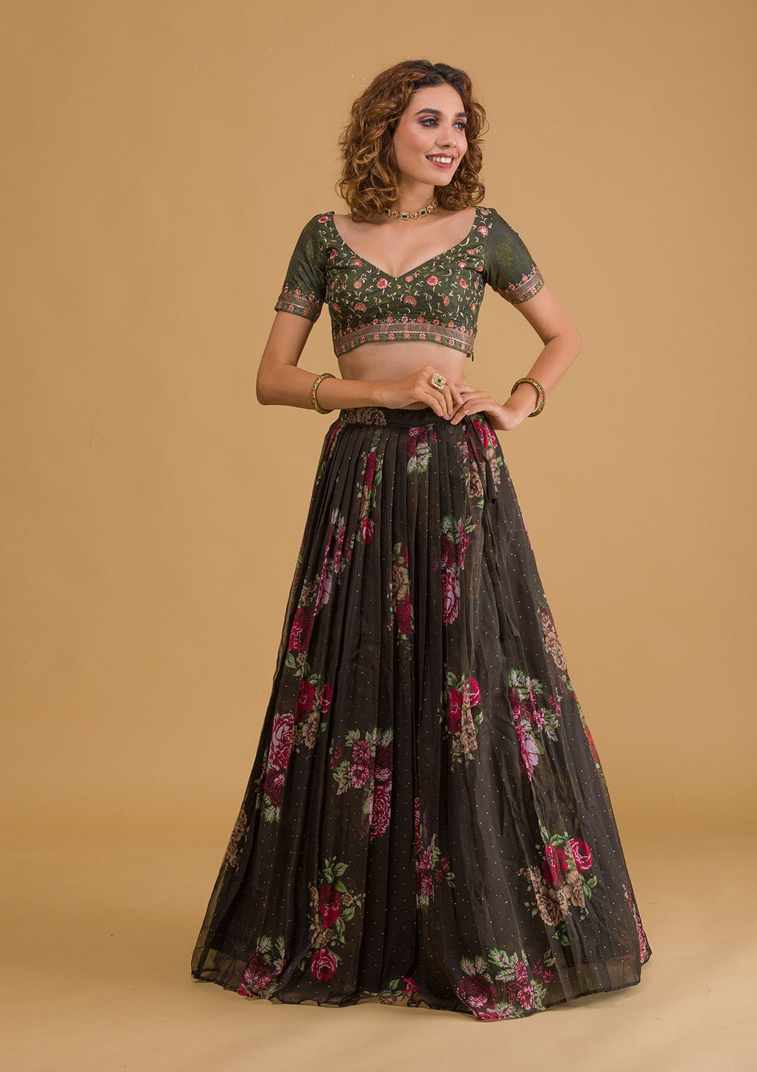 Bottle Green Swarovski Tissue Semi Stitched Lehenga-Koskii