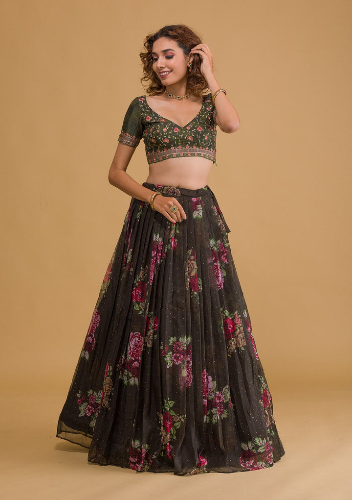 Bottle Green Swarovski Tissue Semi Stitched Lehenga-Koskii