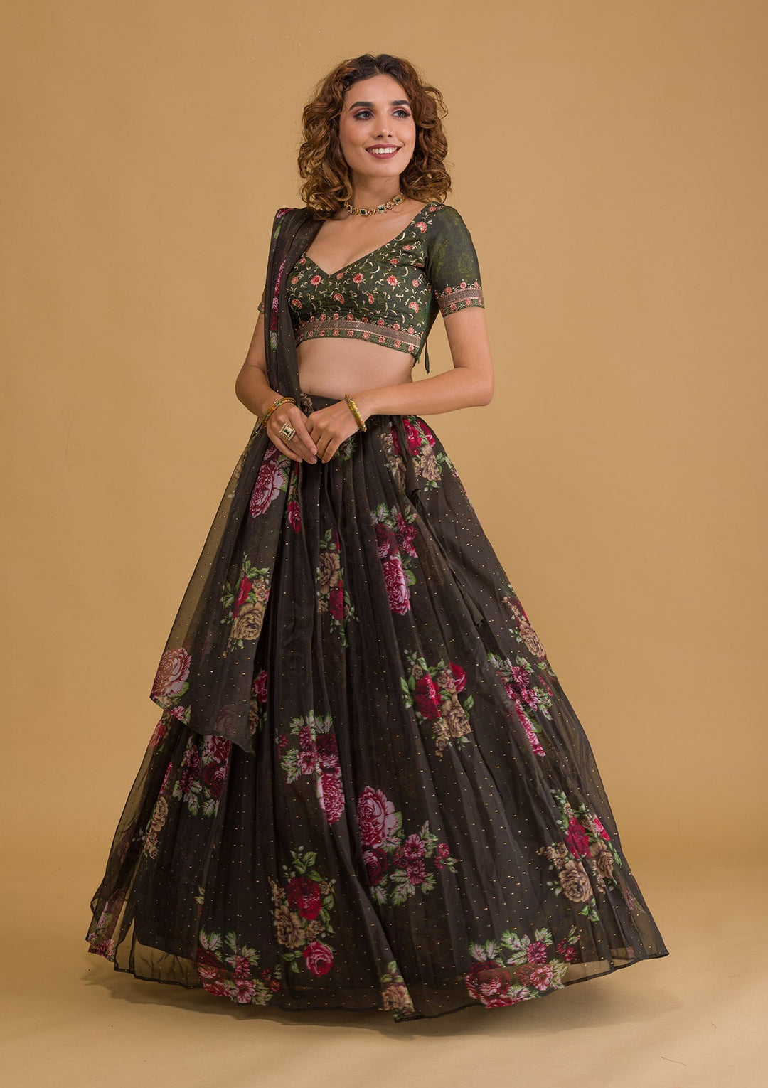 Bottle Green Swarovski Tissue Semi Stitched Lehenga-Koskii