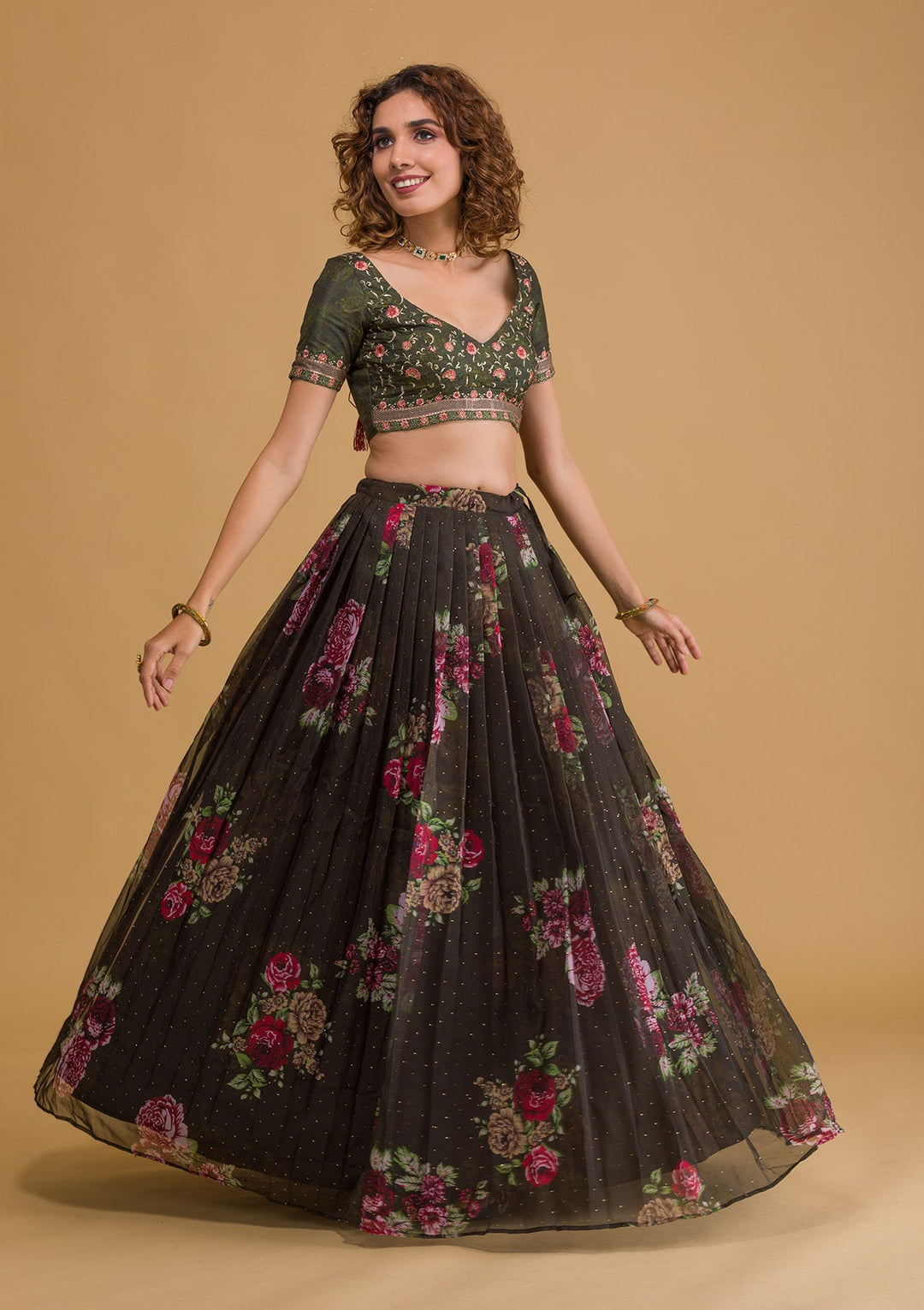 Bottle Green Swarovski Tissue Semi Stitched Lehenga-Koskii