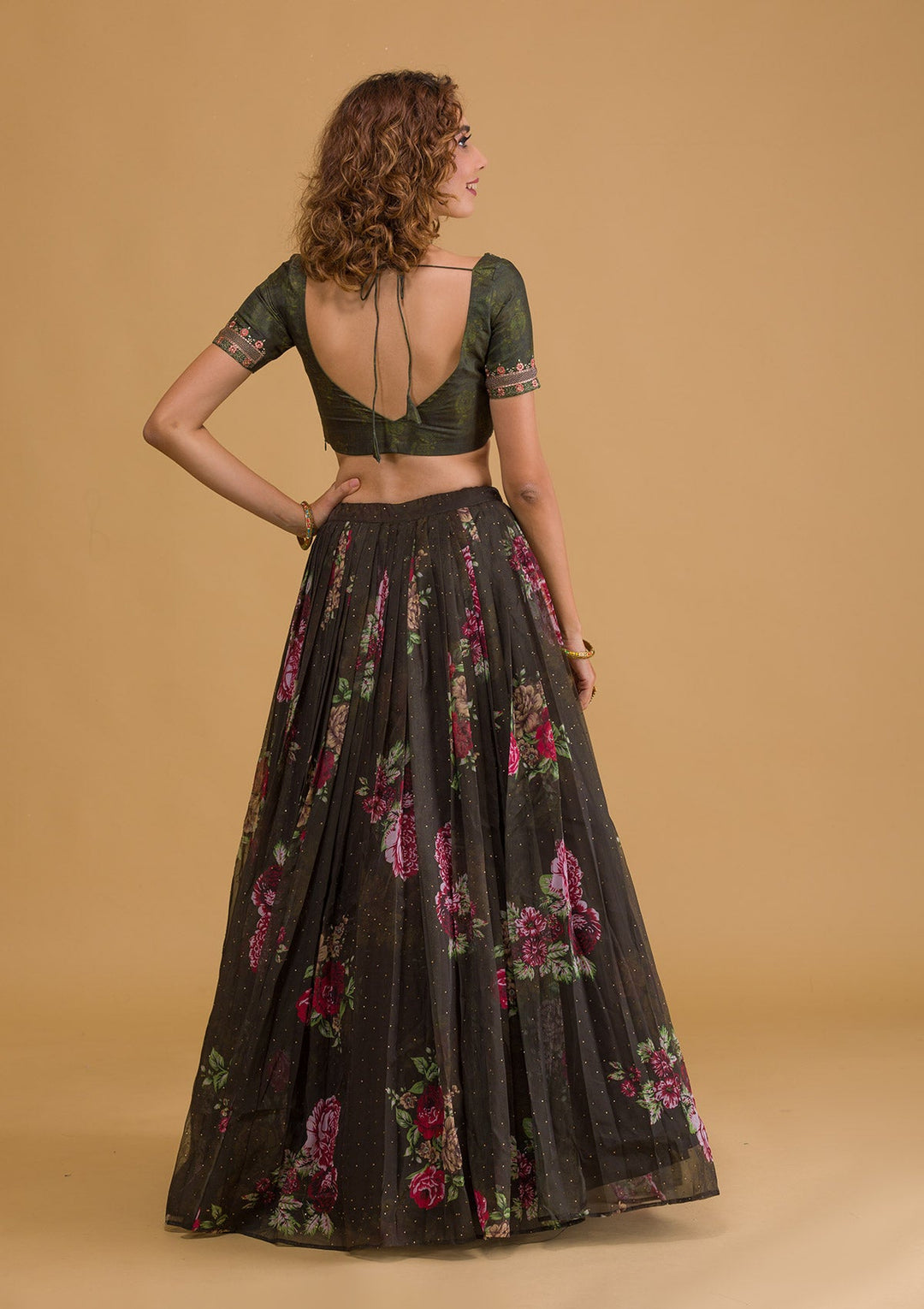 Bottle Green Swarovski Tissue Semi Stitched Lehenga-Koskii