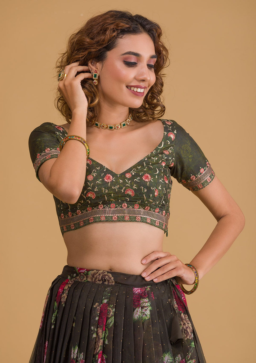 Bottle Green Swarovski Tissue Semi Stitched Lehenga-Koskii