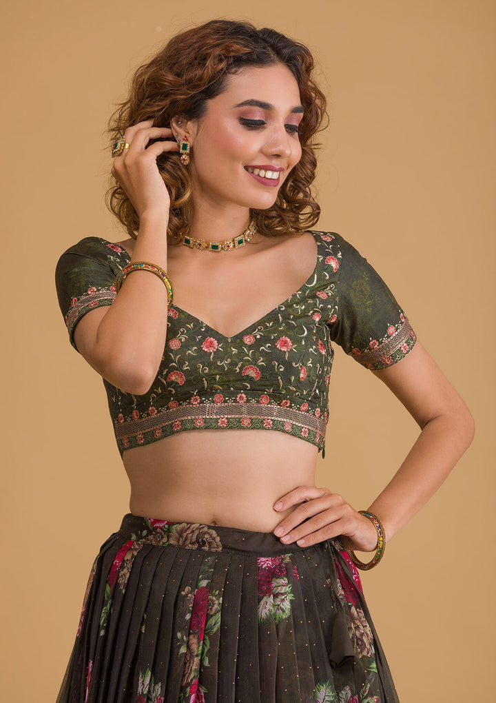 Bottle Green Swarovski Tissue Semi Stitched Lehenga-Koskii