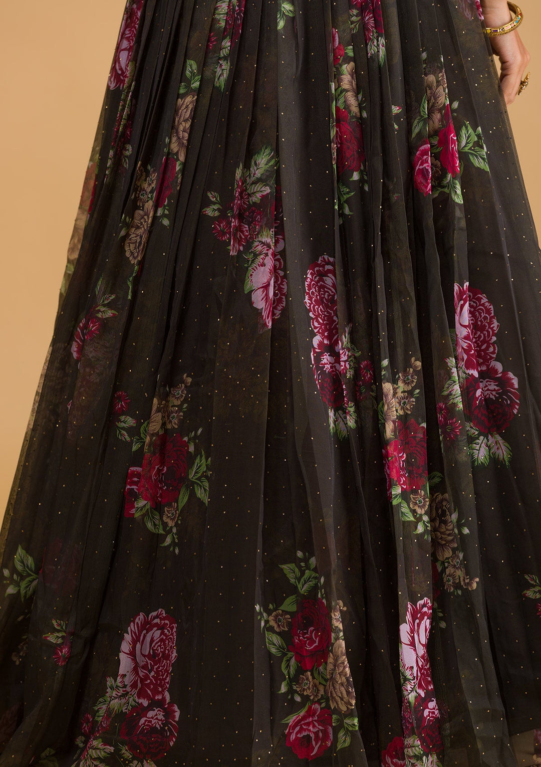 Bottle Green Swarovski Tissue Semi Stitched Lehenga-Koskii