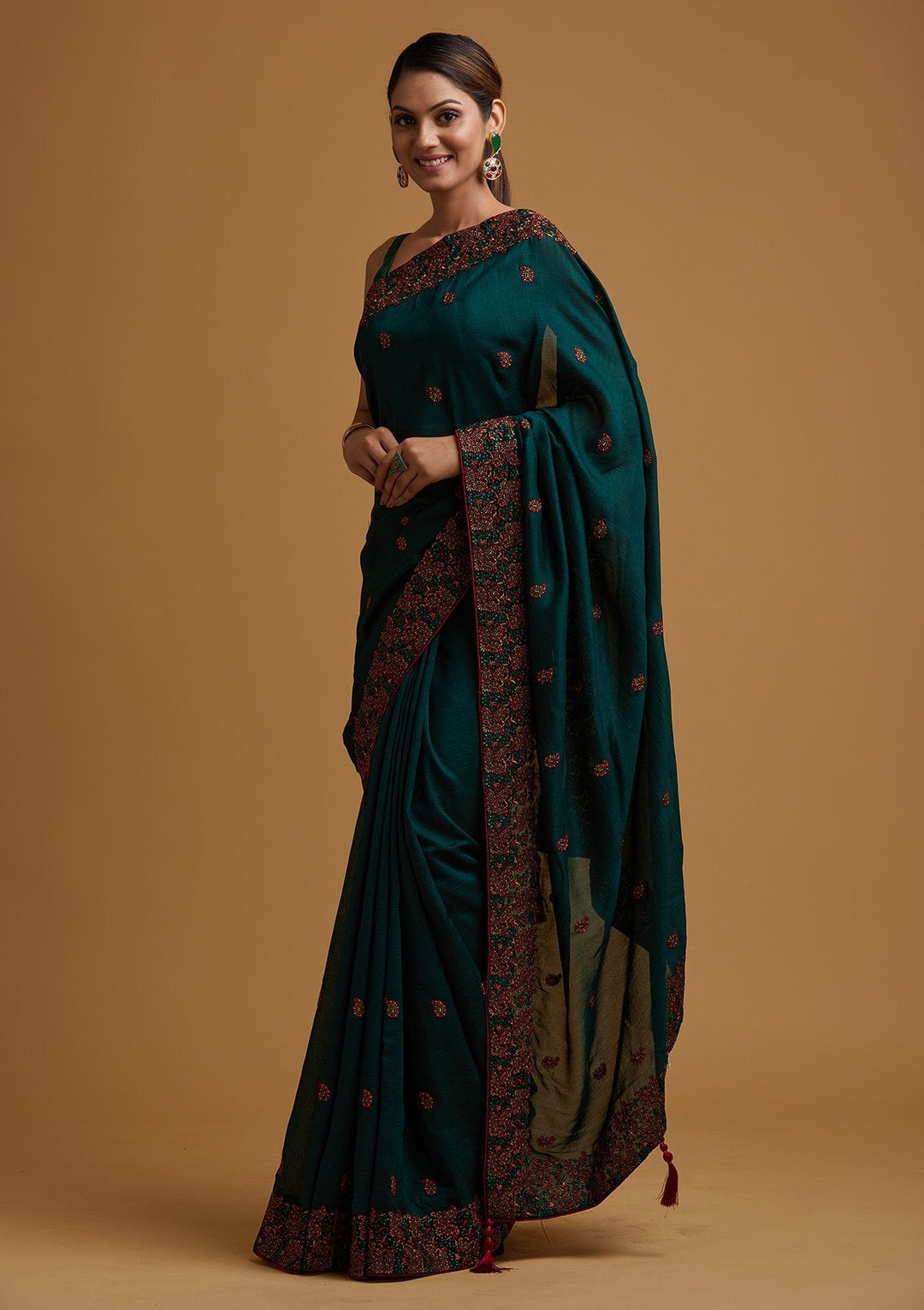 Bottle Green Threadwork Art Silk Designer Saree - koskii